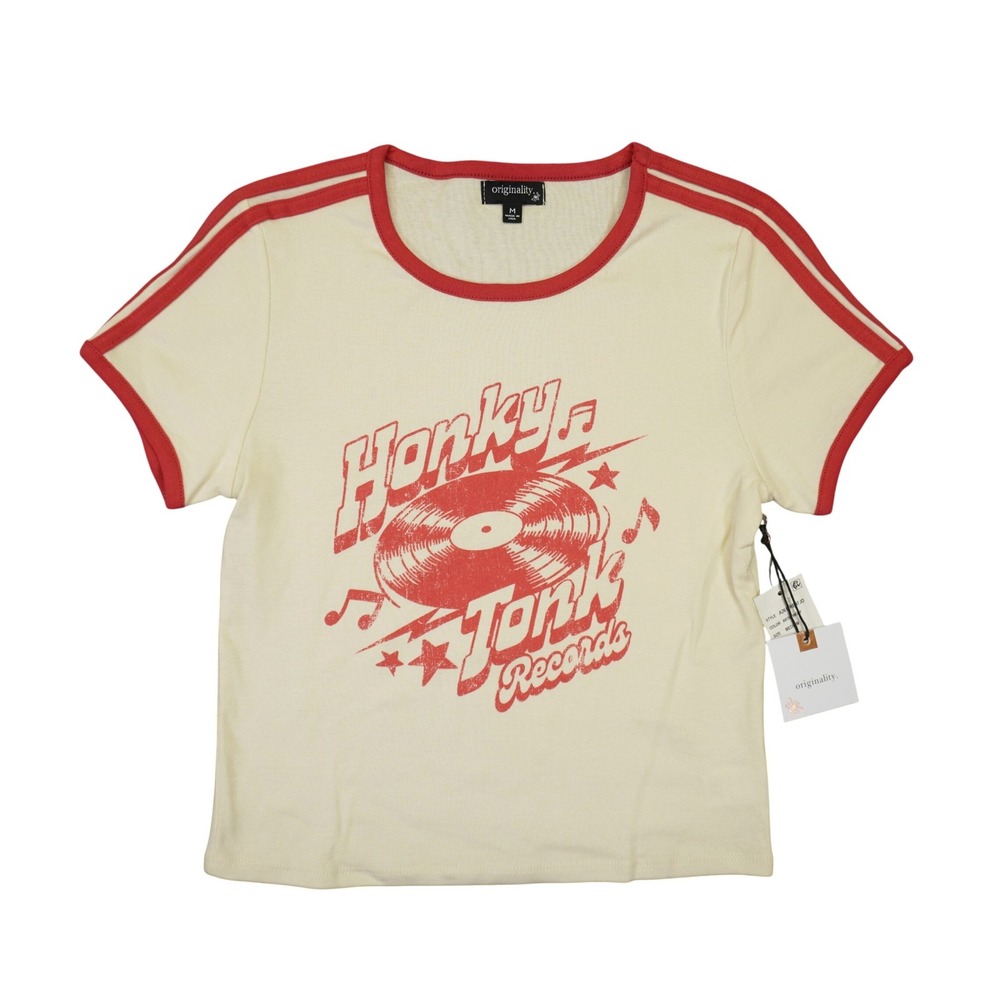 Originality Honky Tonk Records Ringer Tee Women M Cream Red Country Western USA